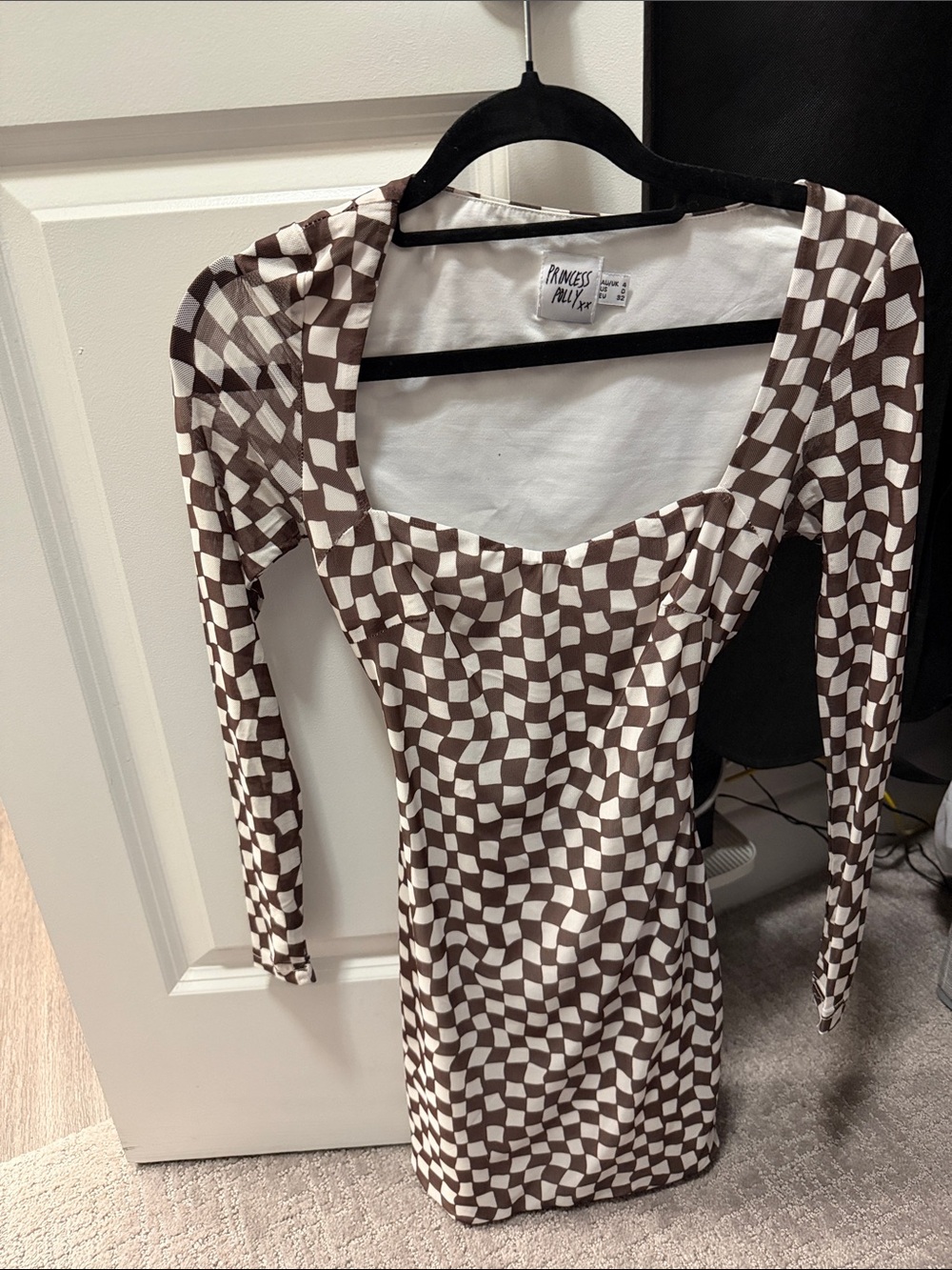 Princess Polly Brown & White Checkerboard Long-Sleeve Square Neck Dress